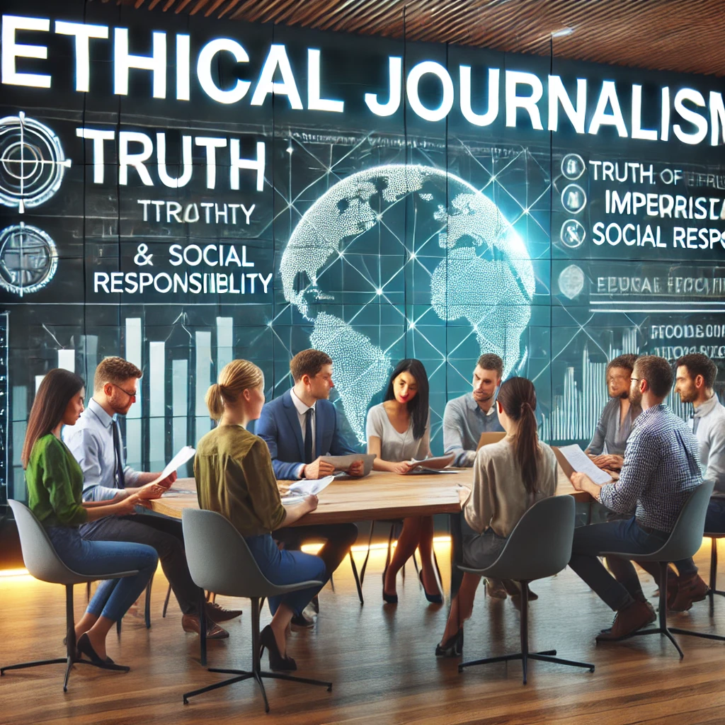A group of journalists in a bright, modern newsroom discussing the importance of journalistic ethics. On a screen in the background, the words 'Ethical Journalism' are displayed prominently. The journalists are diverse in gender and ethnicity, representing different perspectives in the media world. They are reviewing articles, taking notes, and engaging in a thoughtful discussion about the principles of truth, impartiality, and social responsibility. The atmosphere is collaborative and professional, emphasizing the importance of ethical journalism in shaping a just society.
