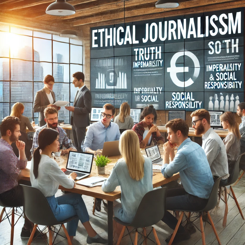 A group of journalists in a bright, modern newsroom discussing the importance of journalistic ethics. On a screen in the background, the words 'Ethical Journalism' are displayed prominently. The journalists are diverse in gender and ethnicity, representing different perspectives in the media world. They are reviewing articles, taking notes, and engaging in a thoughtful discussion about the principles of truth, impartiality, and social responsibility. The atmosphere is collaborative and professional, emphasizing the importance of ethical journalism in shaping a just society.