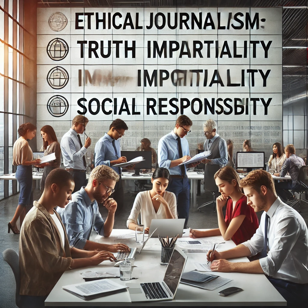 A diverse group of journalists working together in a modern newsroom, writing and reviewing articles. In the background, a large board displays the core principles of ethical journalism: 'Truth', 'Impartiality', 'Social Responsibility'. The journalists are engaged in thoughtful discussions, ensuring that their work adheres to the ethical guidelines of journalism. The environment is bright and open, symbolizing transparency, and the individuals are focused on producing accurate, unbiased, and socially responsible news stories.