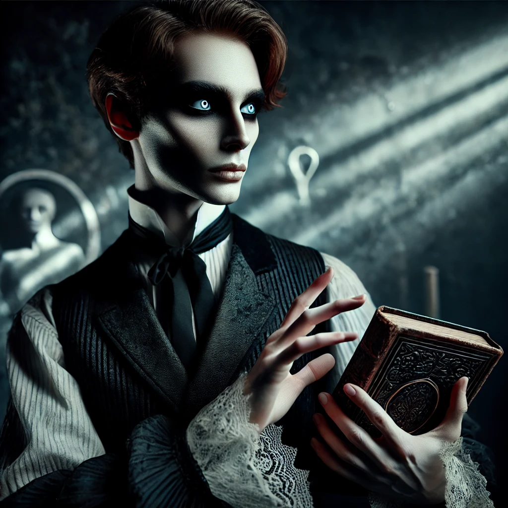A dramatic and emotional Gothic character standing in a dark, dimly lit room. The character is dressed in Victorian-style clothing, with pale skin and intense, haunting eyes. They are holding a mysterious, old book in one hand, while the other hand is outstretched, as if reaching out for something unseen. The atmosphere is filled with shadows, and strange, supernatural symbols glow faintly on the walls. The character exudes a sense of inner turmoil, haunted by dark secrets, fitting the themes of Gothic literature.