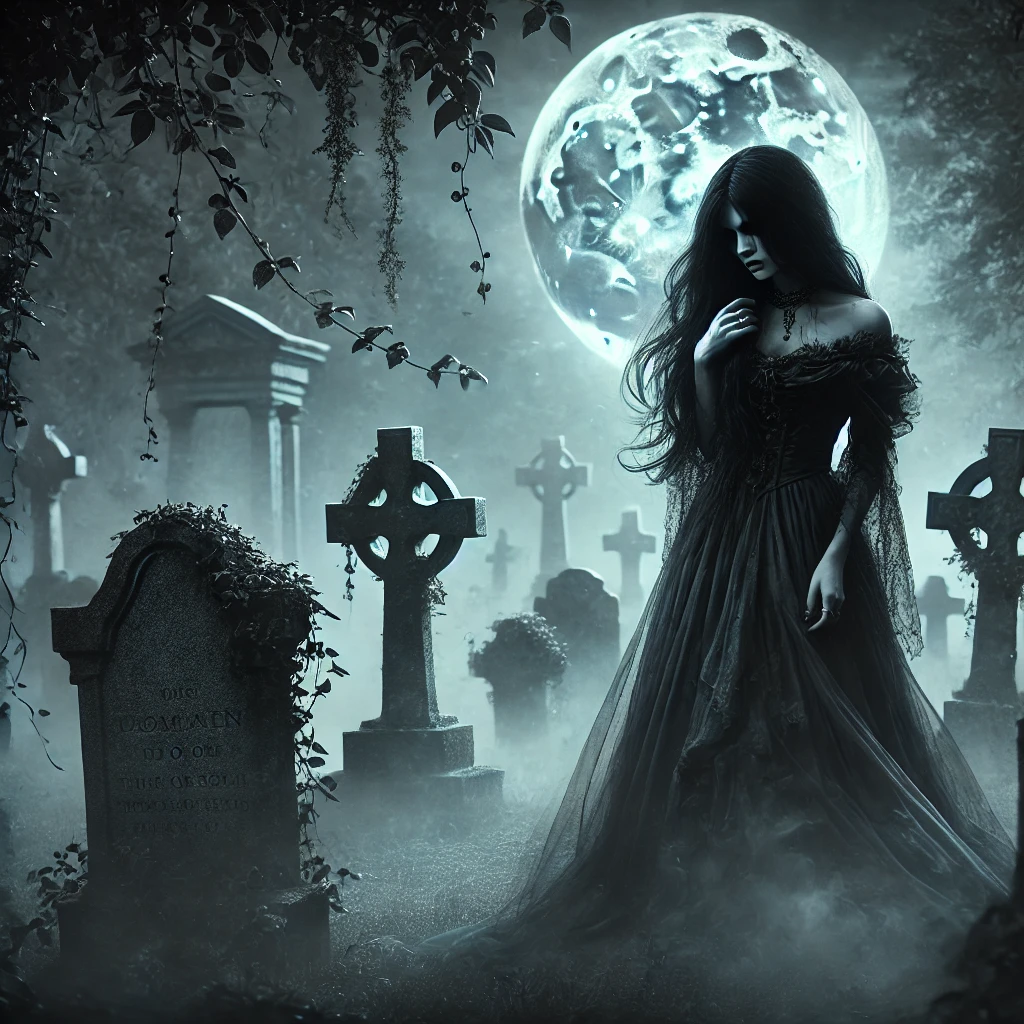 A chilling and mysterious Gothic scene featuring a ghostly figure in a misty graveyard. The figure is a pale, ethereal woman dressed in a flowing black gown, her face hidden by long, dark hair. Around her, the tombstones are old and weathered, partially covered by creeping vines and fog. A full moon hangs ominously in the sky, casting a dim, eerie light on the scene. The atmosphere is full of tension, with the feeling of an unsettling presence, as if the figure is a spirit from another realm.