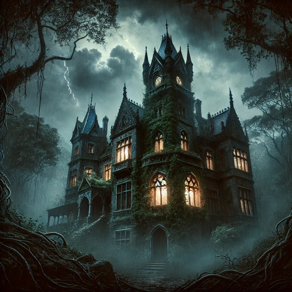 A hauntingly atmospheric image of a dark and mysterious Gothic castle at night. The castle is surrounded by a dense, misty forest, with twisted trees and overgrown vines. The windows of the castle are glowing faintly, hinting at the supernatural presence within. The sky above is stormy, with lightning illuminating the scene. The mood is eerie and foreboding, capturing the essence of the Gothic genre with an emphasis on mystery and the unknown.